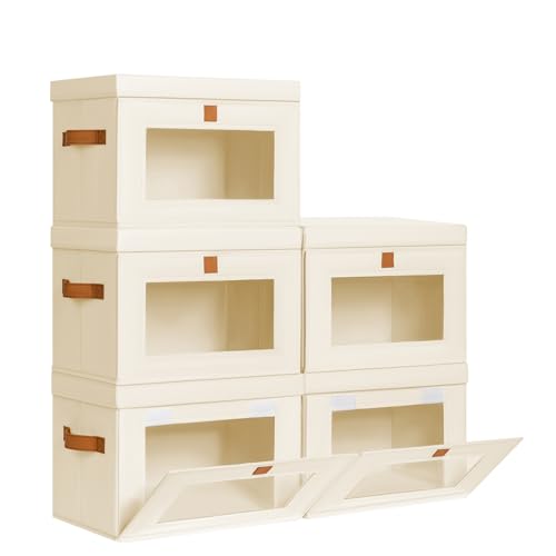 DIMJ Storage Bins with Lids - 5 Pack Front Opening Stackable Fabric Storage Boxes with Clear Window & Handles, Collapsible Closet Organizers for Clothes, Sweaters, Shelf Storage, Bedroom, Beige - color: Beige, size: Large-5 Pack