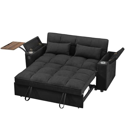 65'' 3-in-1 Folding Convertible Sofa Bed, Pullout Sofa, Modern Chenille Fabric, 360° Swivel Side Table, Easy Assembly, Perfect for Living Room, Black - color: Black