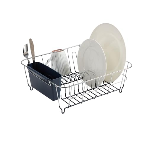 Dish Drying Rack & Cutlery Holder 2 Piece Set Compact Sink-Fitting Dish Drainer with Rubberized Undercoating Space-Saving Kitchen Organizer for Plates, Cups, Bowls & Utensils In Sink, Navy - color: Navy