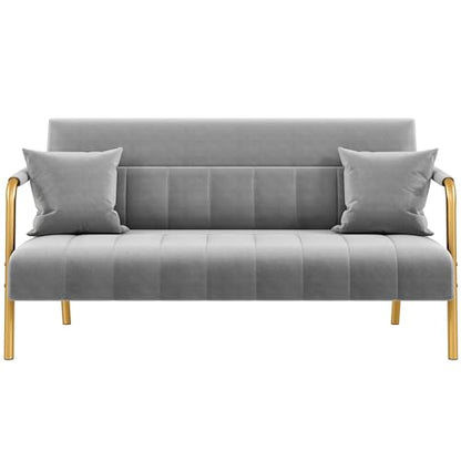 Yaheetech 56.5" Small Sofa 2 Seater Couch with Gold-Tone Legs, Light Gray | Small Sofa Loveseat Velve 2 Seater Couch with Tufted Back Gold Metal Frame 2 Pillows for Office, Studio,Living Room - color: Light Gray, size: 56.5" W