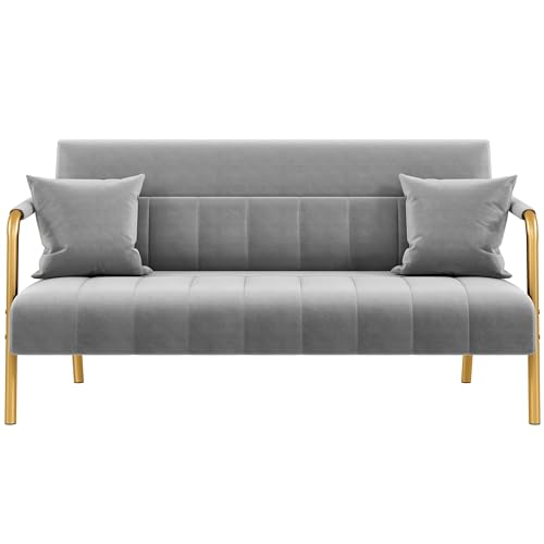Yaheetech 56.5" Small Sofa 2 Seater Couch with Gold-Tone Legs, Light Gray | Small Sofa Loveseat Velve 2 Seater Couch with Tufted Back Gold Metal Frame 2 Pillows for Office, Studio,Living Room - color: Light Gray, size: 56.5" W