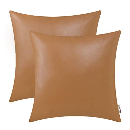 BRAWARM Faux Leather Throw Pillow Covers 16 X 16 Inches - Tan Leather Pilow Covers Pack of 2, Solid Dyed Leather Pillowcases for Couch Bed Sofa Garden Home Decorative - color: Tan, size: 16" x 16" (Pack of 2)