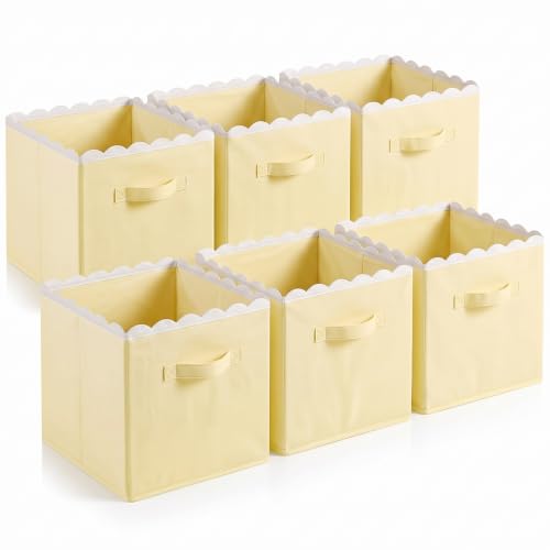 Yalikop 6 Pcs Light Yellow Scalloped Cube Storage Bins 11 Inch Fabric Storage Basket with Handle Collapsible Clothes Closet Organizer Bin for Classroom Books Toy Box Nursery School Organizing - color: Light Yellow
