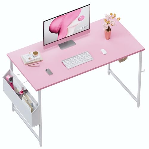 Pamray 47 Inch Computer Desk for Small Spaces with Storage Bag, Home Office Work Desk with Headphone Hook, Small Office Desk Study Writing Table - color: Pink, size: 47 Inch