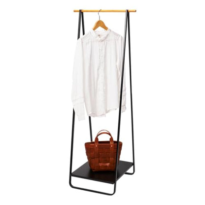 YAMAZAKI Home Tower Freestanding Coat Hanger Clothes Rack With Shelf, 55" - Steel | Freestanding coat hanger features a steel frame and bottom shelf. Space-saving vertical organization. Easy to assemble. - color: Black