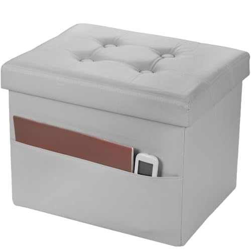 Bsketa Storage Ottoman Bench,17 Inch Folding Leather Foot Rest Stool, Grey | Small Ottoman with Side Pockets, Thicker Foam Padded Seat, Livingroom, Dorm, Bedroom, Easy to install, 43L,17x13x13in - color: Grey-with Side Pockets.
