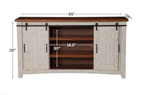 Martin Svensson Home Rustic 65" Wood Entertainment Center, White and Honey | Solid Pine, TV Stand, Sliding Doors, Adjustable Shelves & Cable Management, for TVs up to 70" - color: Antique White and Aged Distressed Pine