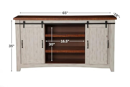 Martin Svensson Home Rustic 65" Wood Entertainment Center, White and Honey | Solid Pine, TV Stand, Sliding Doors, Adjustable Shelves & Cable Management, for TVs up to 70" - color: Antique White and Aged Distressed Pine