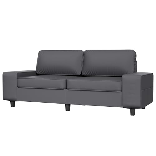 84" Leathaire Loveseat Couch, 3 Seater Retro Sofa with 4 Side Pockets, Removable and Washable Cushions, Living Room，Apartment, Office (Dark Grey) - color: Dark Grey Leathaire, size: 84 "