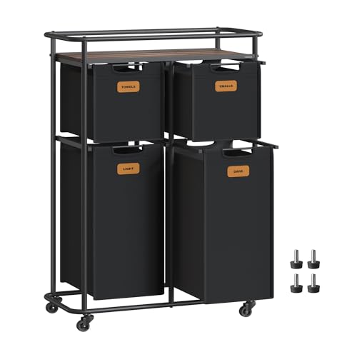 VASAGLE Laundry Sorter with Wheels, 39.6 Gal., 4 Removable Liners | Portable Laundry Cart with Shelf, 150 L, 6 Labels, Ink Black and Chestnut Brown, STEVIE Collection URLS100BH01S - size: 4 Bags