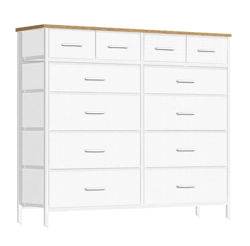 VASICAR 12 Drawers Dresser for Bedroom, Compact Chest of Drawers | Storage Tower with Retro Wood Top, Tall Fabric Dressers for Closet Organizer, Nursery Storage Cabinet (Classic White) - color: Compact Classic White