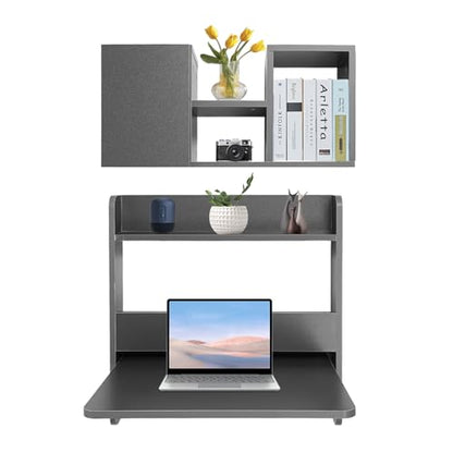 Wall Mounted Folding Desk, Solid Wood Floating Laptop Desk with Wall Mounted Bookshelf for Living Room Coffee Shop Apartments, 88lbs Table Load-Bearing (Grey) - color: Grey