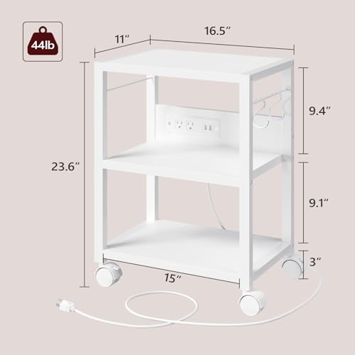 MAHANCRIS Industrial Printer Cart, 3-Tier Mobile Printer Stand, Rolling Cart with 2 AC Outlets and 2 USB Ports, Home Printer Stand with 2 Hooks, for Office, Living Room, White PTWT40E01 - color: White