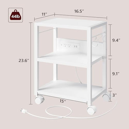 MAHANCRIS Industrial Printer Cart, 3-Tier Mobile Printer Stand, Rolling Cart with 2 AC Outlets and 2 USB Ports, Home Printer Stand with 2 Hooks, for Office, Living Room, White PTWT40E01 - color: White