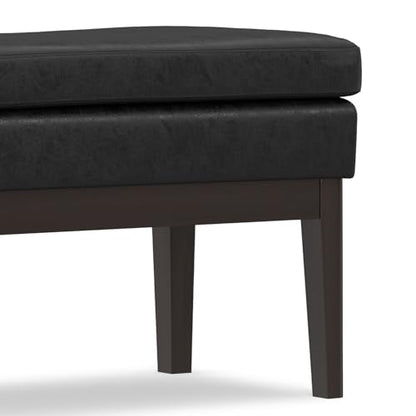 SIMPLIHOME Carlson 45" Wide Vegan Leather Rectangle Ottoman in Black | Distressed black, mid-century modern ottoman bench with a padded seat for bedroom or living room; footstool, footrest. - color: Distressed Black, style: Ottoman Bench