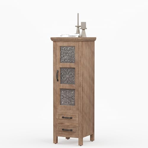 HOMPUS 48'' Tall Accent Cabinet with Door, 16'' Wide Narrow Storage Cabinet with Drawer & Shelves for Small Space, Modern Buffet Sideboard for Living Room, Kitchen, Entryway, Natural Wood - size: 16'' (2 Drawers & 1 Door)