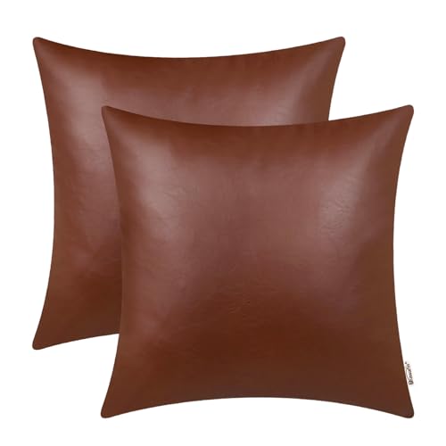BRAWARM Faux Leather Throw Pillow Covers 16 X 16 Inches - Brown Leather Pilow Covers Pack of 2, Solid Dyed Leather Pillowcases for Couch Bed Sofa Garden Home Decorative - color: Brown, size: 16" x 16" (Pack of 2)