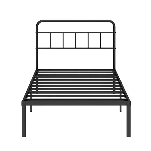 Twin Bed Frame with Classic Headboard, Black | Strong Metal Slats Support,Under Bed Storage Space,No Box Spring Needed,Easy to Assemble - size: Twin