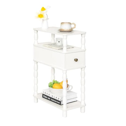 MaxSmeo White Narrow End Table, Small Side Table Living Room, Skinny Bedside Table Nightstand with Drawer for Small Spaces, Bedroom (White) - color: White