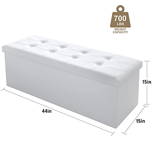 Camabel 43 Inch Folding Storage Ottoman Bench 120L Hold up 700lbs Ottoman with Storage Chest Foam Seat Padded Foot Rest Stool Faux Leather Bedroom Bench Coffee Table White - color: White