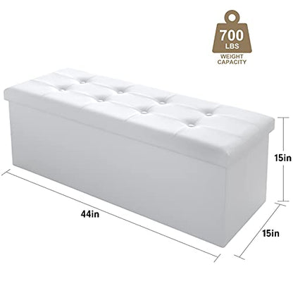 Camabel 43 Inch Folding Storage Ottoman Bench 120L Hold up 700lbs Ottoman with Storage Chest Foam Seat Padded Foot Rest Stool Faux Leather Bedroom Bench Coffee Table White - color: White