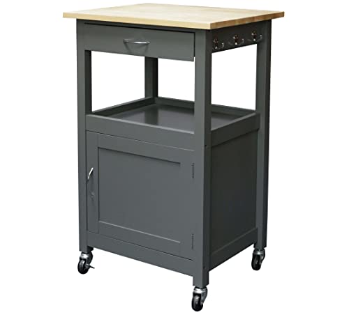 Kitchen Island Cart on Wheels, Gray Base, Natural Hardwood Top | Drawer, Storage Cabinet, Shelf - color: Grey