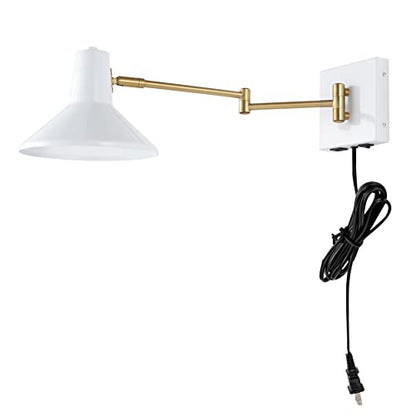 JONATHAN Y Hygge 1-Light Modern Swing Arm USB Sconce 8", White/Brass Gold | Metal Construction, Plug-In Midcentury Bedside Wall Lamp, Cone Shade, Adjustable Head, LED Bulb Included - color: White/Brass Gold