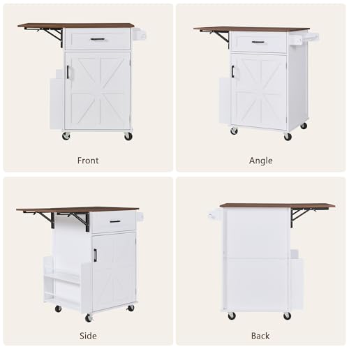 39.3"Farmhouse Kitchen Island with Open Side Rack and Drop Leaf and,Small Kitchen Rolling Cart with Drawer and Storage Cabinet, Narrow Mobile Dining Table with Lockable Wheels and Towel Rack White - color: White