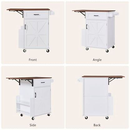 39.3"Farmhouse Kitchen Island with Open Side Rack and Drop Leaf and,Small Kitchen Rolling Cart with Drawer and Storage Cabinet, Narrow Mobile Dining Table with Lockable Wheels and Towel Rack White - color: White