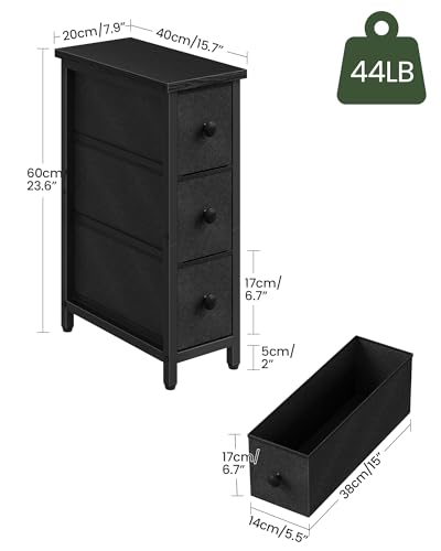 Narrow Side Table with 3 Fabric Drawers, Industrial Slim Bedside Table for Small Spaces, Bedroom, Living Room, Dormitory, Black TBZ09BB - color: Black