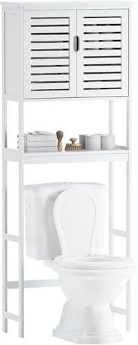 SMIBUY Bathroom Over The Toilet Storage Cabinet, 2 Door Bamboo Cabinet Organizer, Freestanding Space Saver Toilet Rack with Adjustable Inside Shelf and Open Shelf (White) - color: White