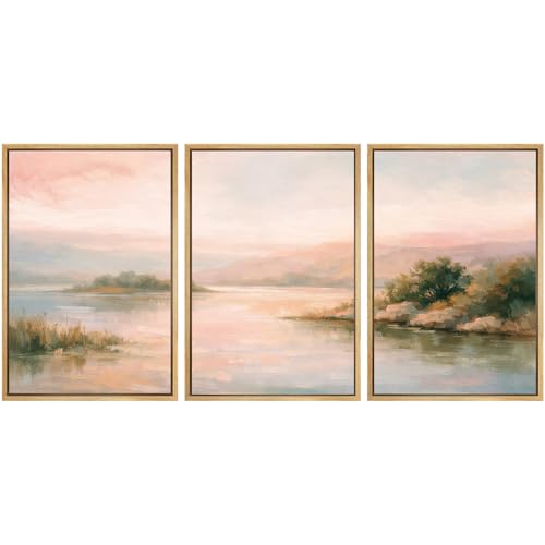 SIGNWIN Framed Wall Art Print Set Pink Dawn Lakeside Scenery Illustrations Modern Art Chic Multicolor for Living Room, Bedroom, Office - 16"x24"x3 Natural - color: A26-2601-LL10, size: 16"x24"x3 Panels Natural