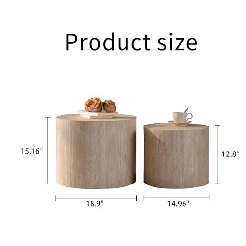 18.9" Nesting Coffee Table Set of 2, Modern Round Coffee Tables Circle Center Table for Living Room Apartment Small Space, Accent End Table Set, No Assembly (Amber) - color: 18.9" White Wood Grain