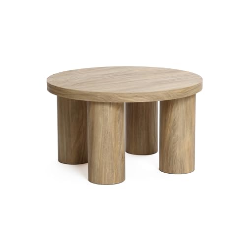 LuxenHome 27.5" Small Round Coffee Table with 4 Pillar Legs | Accent Center Table with 4 Sturdy Pillar Legs, Modern Farmhouse Style, Low-Profile Design - color: Dark Oak-l