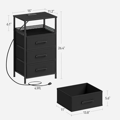 JARHETUN Nightstand Set of 2, Night Stands with Charging Station, 26.4 Inch Tall Bedside Table with Metal Shelf, Modern Side End Table with 3 Fabirc Drawers, Small Dresser for Bedroom, Black - color: Black, style: Power