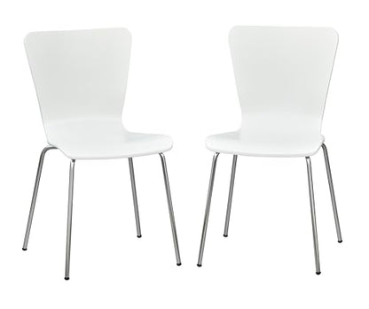 Pisa Modern Bentwood Stackable Dining Chairs Set of 2, Scratch-Resistant, Retro Hourglass Design, Chrome Metal Legs, Unique Kitchen and Dining Room Furniture, White - color: White