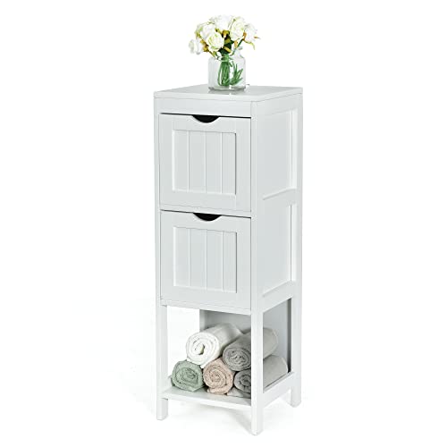 Bathroom Storage Cabinet, 35” 4-Tier Tower Storage Organizer (White) | Narrow Floor Cabinet | 2 Removable Drawers & 2 Shelves | For Bathroom, Living Room, Entryway - color: White