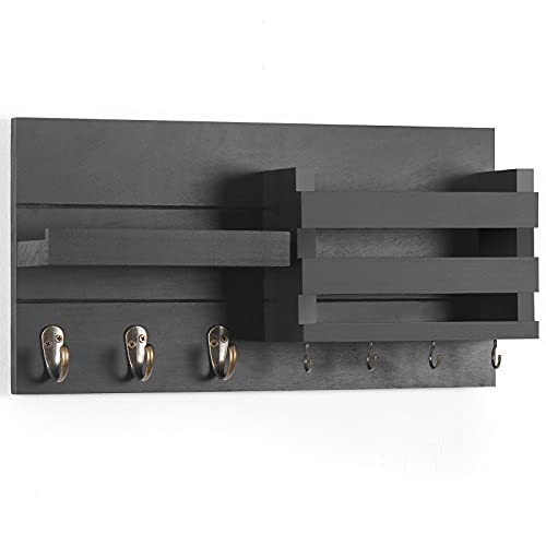 Lwenki Mail Organizer for Wall Mount – Key Holder with Shelf Includes Letter Holder and Hooks for Coats, Dog Leashes – Rustic Wood with Flush Mounting Hardware (16.5” x 8.7” x 3.5”) - color: Black