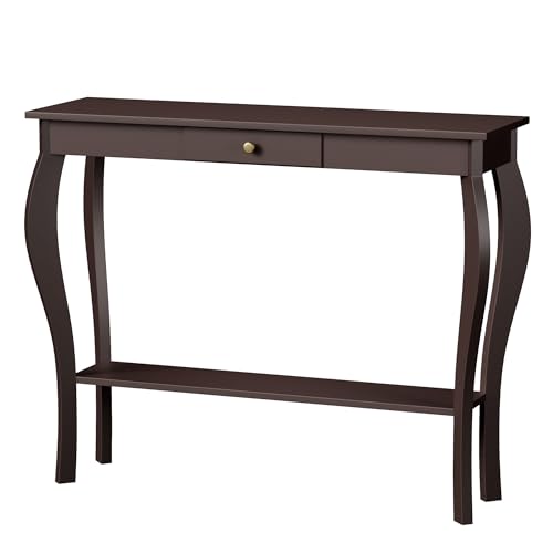 ChooChoo 39" Narrow Entryway Table with Drawer, Espresso | Console Table with Curved Legs, Chic Accent Sofa Table with Shelves for Entryway, Living Room, Hallway - color: Espresso, size: 11.8"D x 39.3"W x 31.4"H