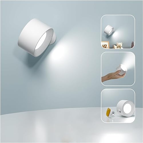Deyagoo LED Wall Sconce, Rechargeable Wall Light with Remote-White | 3 Colors, Dimmable, Magnetic Rotating Head, 360 Degree Rotate - color: A-White