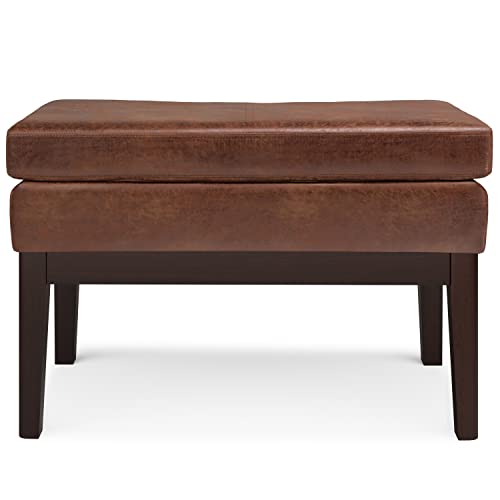 SIMPLIHOME Carlson 27" Wide Woven Fabric Rectangle Ottoman in Saddle Brown | Distressed saddle brown, mid-century modern ottoman with a padded seat for bedroom or living room; footstool or bench. - color: Distressed Saddle Brown, style: Small Ottoman Benc