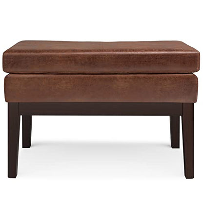 SIMPLIHOME Carlson 27" Wide Woven Fabric Rectangle Ottoman in Saddle Brown | Distressed saddle brown, mid-century modern ottoman with a padded seat for bedroom or living room; footstool or bench. - color: Distressed Saddle Brown, style: Small Ottoman Benc