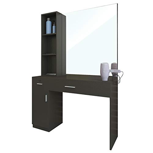 Wall Mounted Salon Station With Mirror & Left Shelf For Barber & Beauty | Space Saving Wall Mounted Station With Mirror & Left Shelf, Designed For Hair Styling, Barber Shop, Beauty Salon & Spa - color: Black