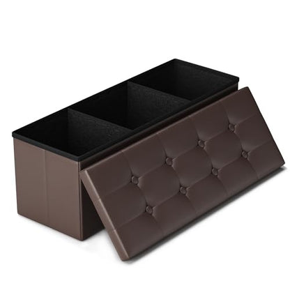 LITZFUR 43" Storage Ottoman Bench, Folding Faux Leather Chest, Brown | Stroage Box with 2 Dividers, Foot Rest Stool, Padded Seat for Bedroom, Entryway, Living Room