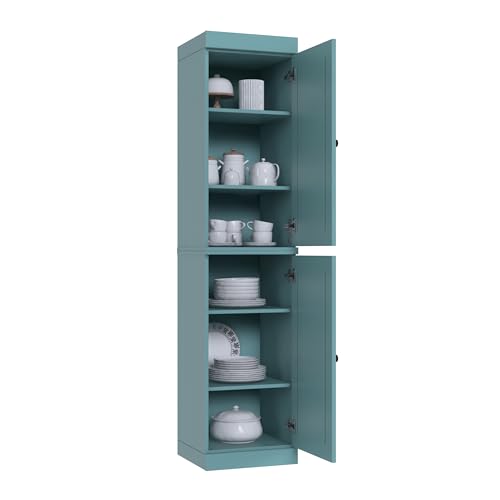 Solid Wood Kitchen Pantry - Narrow Storage Cabinet - Raised Panel Doors, Adjustable Shelves, Aqua, 16.5" Wide x 71.5" Tall, 100% Eco-Friendly Wood, Modular Pantry Cabinet Systems - color: Aqua, style: Raised Panel Doors