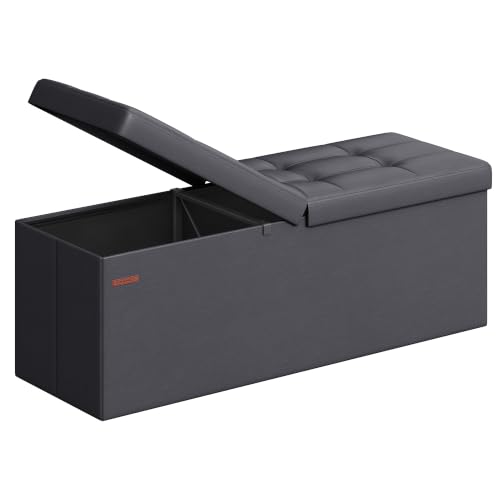 SONGMICS MAZIE Collection - 43 Inches Storage Ottoman Bench with Flipping Lid, Storage Chest with Iron Frame Support, Load 660 lb, for Living Room, Bedroom, Synthetic Leather, Dark Gray ULSF075G01 - color: Dark Gray, size: 15"D x 43"W x 15"H, style: Class