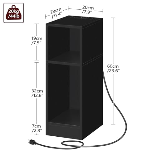 MAHANCRIS Narrow Nightstand, Narrow End Table with Charging Station, Skinny Bedside Table for Small Spaces, Mid Century Modern Night Stand for Bedroom, Living Room, Black ETBK30E01 - color: Black