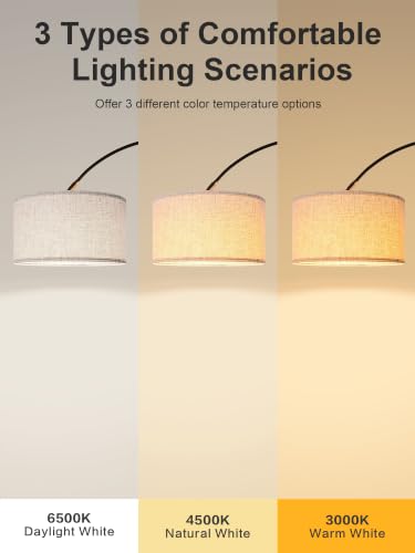 Arc Floor Lamp with Side Table, Adjustable Linen Shade Fishing Standing Lamp for Living Room Bedroom