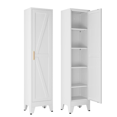 67" Tall Storage Cabinet with Reversible Doors and Adjustable Shelves,Metal Slim Freestanding Cabinet for Bathroom Kitchen Garage Small Spaces,White1 Pack - color: White, size: 11.8"D x 15.7"W x 67"H-A