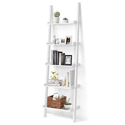 Tangkula 5-Tier Ladder Shelf, Wall-Leaning Bookshelf w/Open Shelves, Plant Flower Stand, Storage Display Organizer Rack, Multifunctional Bookcase for Living Room Home Office (White) - color: White